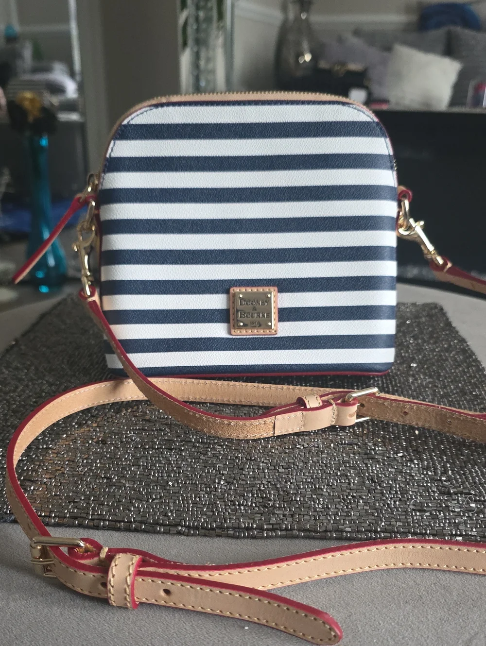 Dooney & Bourke Navy and White Striped Crossbody with Red Trim